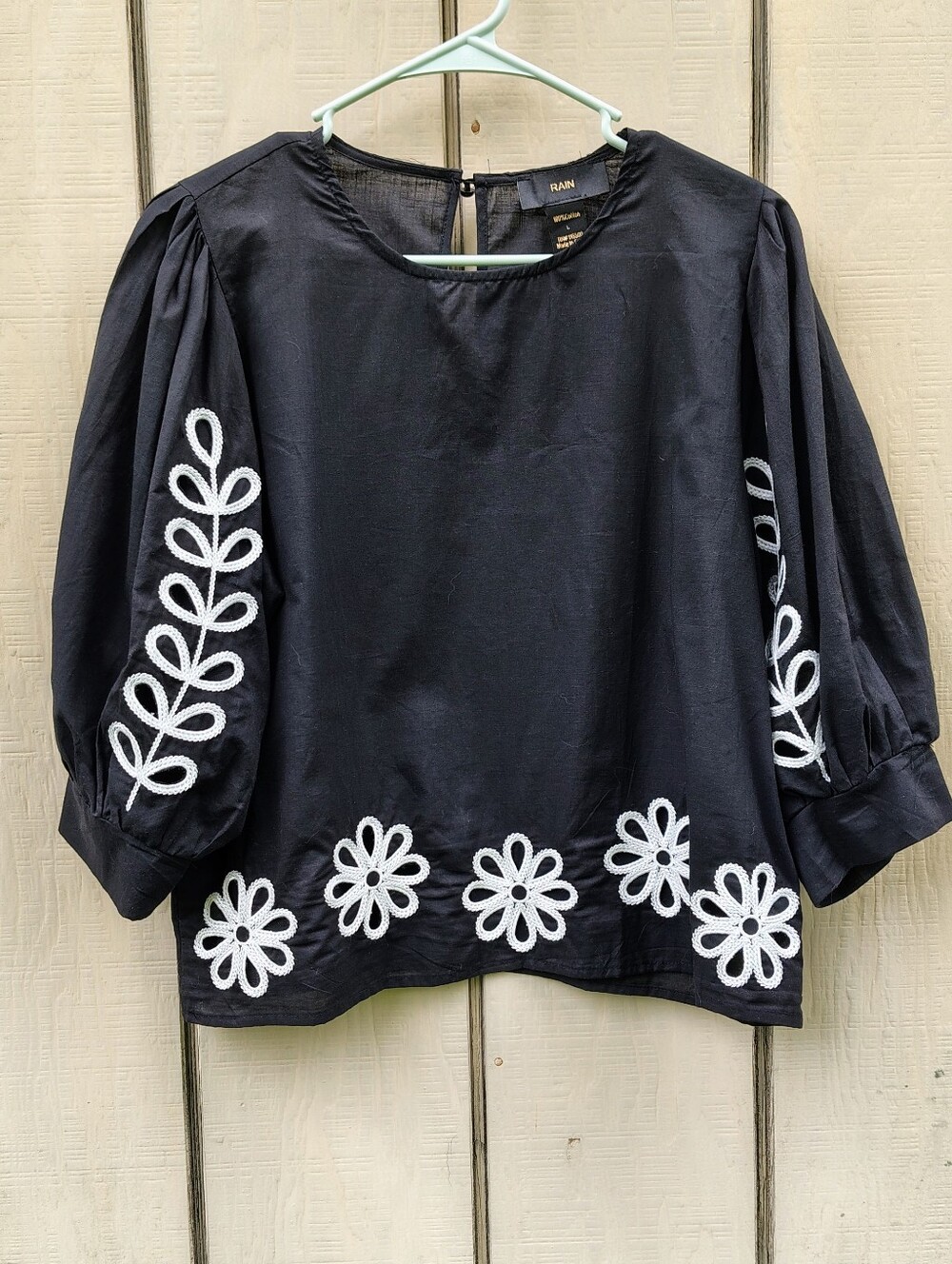 Rain Black White Top Embroidered Flower Cut Outs Whimsical 100% Cotton Peasant